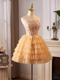 Lovely Tulle Layer Knee Length Prom Dress, A-Line Strapless Evening Party Dress HZ1024