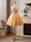 Lovely Tulle Layer Knee Length Prom Dress, A-Line Strapless Evening Party Dress HZ1024