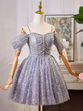 Shiny Tulle Sequins Knee Length Prom Dress, A-Line Off the Shoulder Evening Party Dress HZ1024
