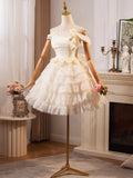 Champagne Lace Layer Knee Length Prom Dress, Off the Shoulder Evening Party Dress HZ1024