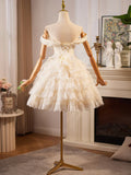 Champagne Lace Layer Knee Length Prom Dress, Off the Shoulder Evening Party Dress HZ1024