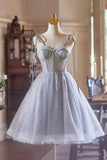 Gray Tulle Knee Length A-Line Party Dress, Lovely Spaghetti Strap Evening Dress HZ1024