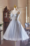 Gray Tulle Knee Length A-Line Party Dress, Lovely Spaghetti Strap Evening Dress HZ1024