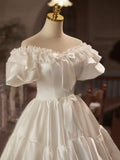 White Satin Lace Knee Length Prom Dress, A-Line Off the Shoulder Evening Party Dress HZ1024