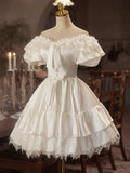 White Satin Lace Knee Length Prom Dress, A-Line Off the Shoulder Evening Party Dress HZ1024
