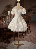 White Satin Lace Knee Length Prom Dress, A-Line Off the Shoulder Evening Party Dress HZ1024