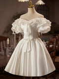 White Satin Off the Shoulder Party Dress, Lovely A-Line Short Sleeve Evening Dress HZ1024
