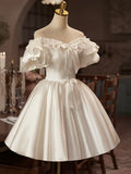 White Satin Off the Shoulder Party Dress, Lovely A-Line Short Sleeve Evening Dress HZ1024