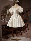 White Satin Off the Shoulder Party Dress, Lovely A-Line Short Sleeve Evening Dress HZ1024