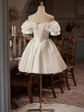 White Satin Off the Shoulder Party Dress, Lovely A-Line Short Sleeve Evening Dress HZ1024
