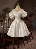 White Satin Off the Shoulder Party Dress, Lovely A-Line Short Sleeve Evening Dress HZ1024