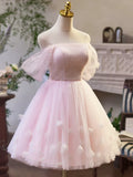 Pink Tulle Off the Shoulder Party Dress, A-Line Knee Length Evening Dress HZ1024