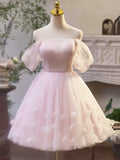 Pink Tulle Off the Shoulder Party Dress, A-Line Knee Length Evening Dress HZ1024