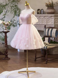 Pink Tulle Off the Shoulder Party Dress, A-Line Knee Length Evening Dress HZ1024