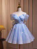 Blue Tulle Short A-Line Prom Dress, Lovely Off the Shoulder Party Dress HZ1024