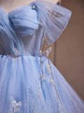 Blue Tulle Short A-Line Prom Dress, Lovely Off the Shoulder Party Dress HZ1024