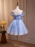 Blue Tulle Short A-Line Prom Dress, Lovely Off the Shoulder Party Dress HZ1024