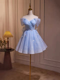 Blue Tulle Short A-Line Prom Dress, Lovely Off the Shoulder Party Dress HZ1024