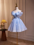 Blue Tulle Short A-Line Prom Dress, Lovely Off the Shoulder Party Dress HZ1024