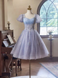 Light Purple Tulle Short Sleeves Homecoming Dress, Beautiful Knee Length Prom Party Dress HZ1024