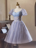 Light Purple Tulle Short Sleeves Homecoming Dress, Beautiful Knee Length Prom Party Dress HZ1024