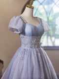 Light Purple Tulle Short Sleeves Homecoming Dress, Beautiful Knee Length Prom Party Dress HZ1024