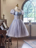 Light Purple Tulle Short Sleeves Homecoming Dress, Beautiful Knee Length Prom Party Dress HZ1024