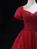 Burgundy Tulle Beaded Knee Length Party Dress, A-Line Short Sleeve Evening Party Dress HZ1024