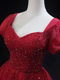 Burgundy Tulle Beaded Knee Length Party Dress, A-Line Short Sleeve Evening Party Dress HZ1024