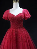 Burgundy Tulle Beaded Knee Length Party Dress, A-Line Short Sleeve Evening Party Dress HZ1024
