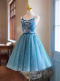 Blue Rhinestone Printing and Tulle Short Homecoming Dress, Beautiful Spaghetti Straps Sleeveless Backless Party Dress HZ1024
