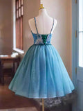 Blue Rhinestone Printing and Tulle Short Homecoming Dress, Beautiful Spaghetti Straps Sleeveless Backless Party Dress HZ1024