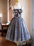 Black Printing Sequins Party Dress, Spaghetti Straps Sleeveless Backless Short Formal Dress HZ1024