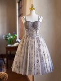 Gray Tulle Sequins Short Party Dress, Cute Spaghetti Strap Backless Evening Dress HZ1024