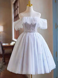 White Tulle Sequins Short Homecoming Dress, Lovely Off the Shoulder Evening Party Dress HZ1024