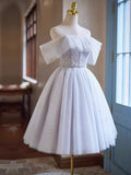 White Tulle Sequins Short Homecoming Dress, Lovely Off the Shoulder Evening Party Dress HZ1024