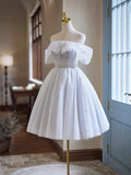 White Tulle Sequins Short Homecoming Dress, Lovely Off the Shoulder Evening Party Dress HZ1024