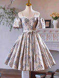 Lovely Gray Sequins Printing Bow Sash Party Dress, A-Line Spaghetti Strap Short Sleeve Prom Dress HZ1024