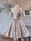Lovely Gray Sequins Printing Bow Sash Party Dress, A-Line Spaghetti Strap Short Sleeve Prom Dress HZ1024