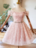 Pink Tulle Knee Length Prom Dress, Lovely Off the Shoulder Evening Party Dress HZ1024