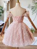 Pink Tulle Knee Length Prom Dress, Lovely Off the Shoulder Evening Party Dress HZ1024