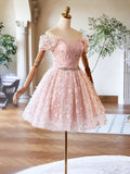 Pink Tulle Knee Length Prom Dress, Lovely Off the Shoulder Evening Party Dress HZ1024