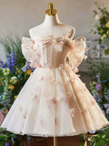 Champagne Floral Tulle Short A-Line Prom Dress, Off the Shoulder Evening Party Dress HZ1024