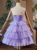 A-Line Tulle and Sequins Short Party Dress, Lavender Strapless Evening Dress HZ1024