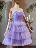 A-Line Tulle and Sequins Short Party Dress, Lavender Strapless Evening Dress HZ1024
