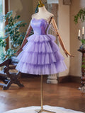 A-Line Tulle and Sequins Short Party Dress, Lavender Strapless Evening Dress HZ1024