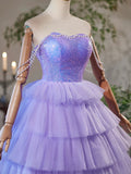 A-Line Tulle and Sequins Short Party Dress, Lavender Strapless Evening Dress HZ1024