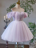 Purple Tulle Short A-Line Party Dress, Lovely Off the Shoulder Evening Dress HZ1024