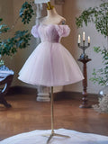 Purple Tulle Short A-Line Party Dress, Lovely Off the Shoulder Evening Dress HZ1024