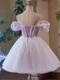 Purple Tulle Short A-Line Party Dress, Lovely Off the Shoulder Evening Dress HZ1024